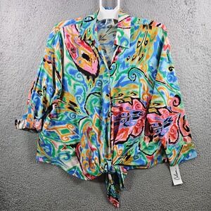 NEW Calessa Shirt Top Women XL Tie Front Colorful Paisley Floral Print Button Up